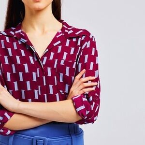 Diane Von Furstenberg Maroon and Light Blue Patterned Shirt